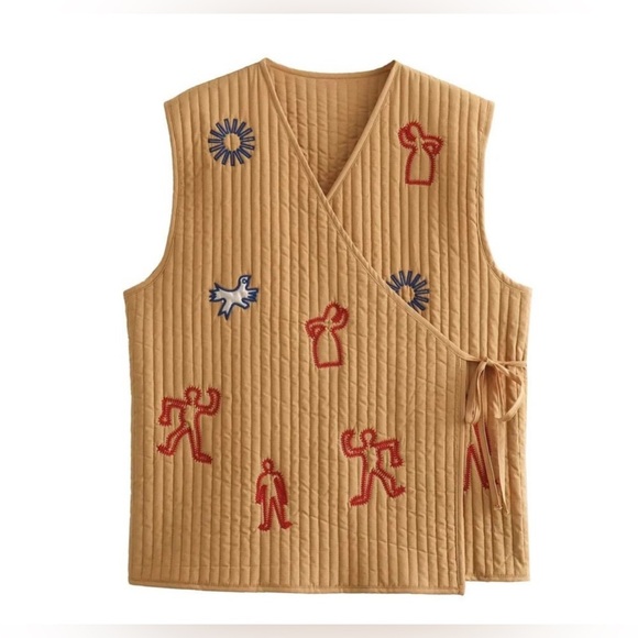 NEW ZARA - Indigenous Inspired Tan Embroidered Vest Size Large - Picture 4 of 11